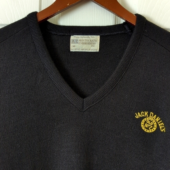 Aristocratic Embroidery 80's Vintage Classic Jack Daniels V-neck Sweater Black M - Picture 2 of 11
